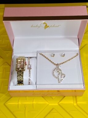 BABY PHAT WATCH GOLD TONE RHINESTONES NECKLACE & EARRINGS SET NEW WOMEN'S WATCH